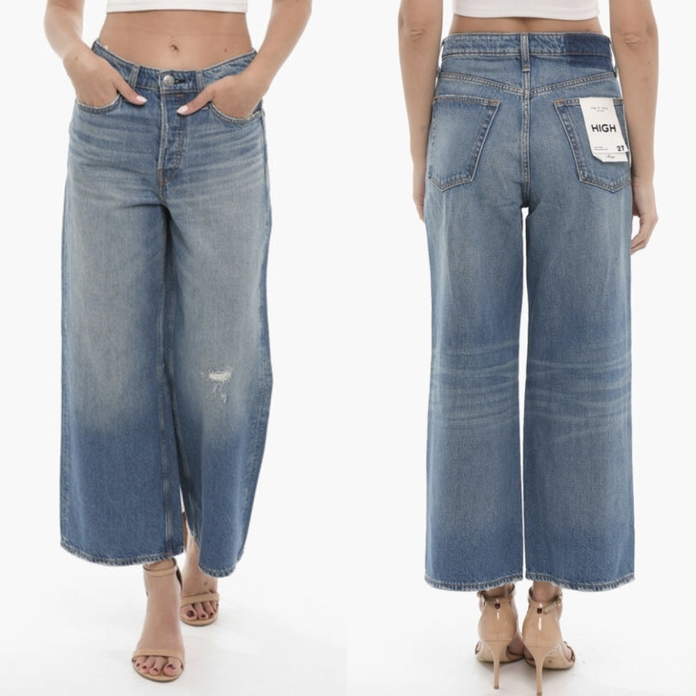 rag & bone High-Rise Wide-Leg Crop Jeans in Medium Blue Wash